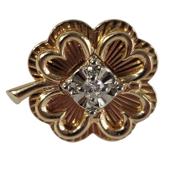 VTG 14kt Solid Yellow Gold Genuine Diamond 4 Leaf Clover Pin Tie Tack 5.48g 10mm - Picture 2 of 13
